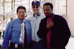 Sammo Hung, Lee Goldberg, Arsenio Hall on set of Martial Law