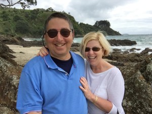 My wife Valerie and me on a beautiful beach on Waiheke Island