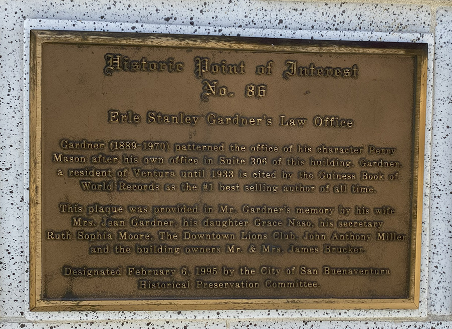 Plaque on the Erle Stanley Gardner Building